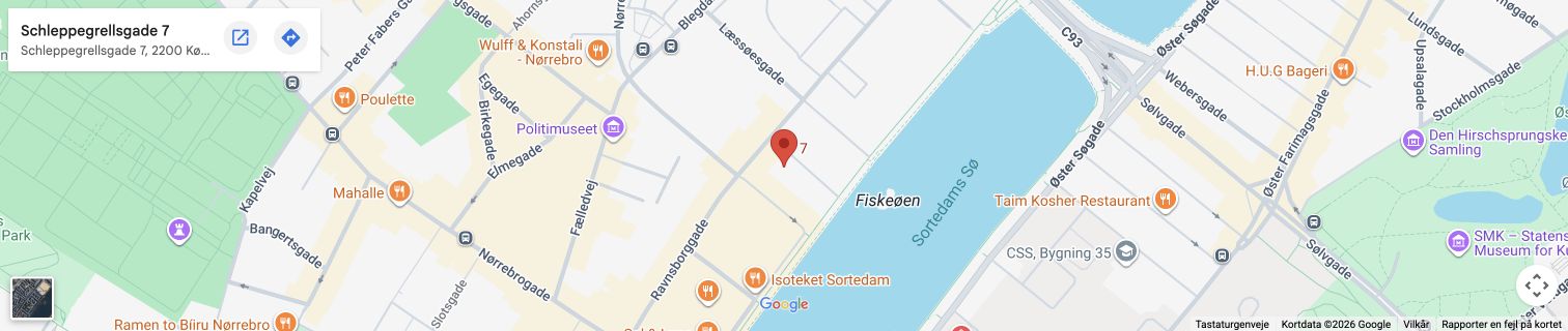 Kort over Nørrebro med Schleppegrellsgade 7 markeret tæt ved Sortedams Sø. Rutevejledning findes under Kontakt og find vej.